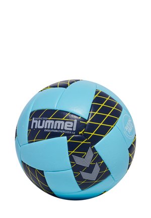Blå og marine volleyball med gult gittermønster, hvide chevrons og "hummel" branding, mærket som træningsbold og uden harpiks.
