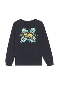 Schwarzes Langarm-T-Shirt mit einem auffälligen Grafikdesign in Blau- und Gelbtönen, das eine diamantförmige Form und ein stilisiertes "S"-Logo umfasst.