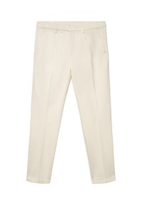 Beige maßgeschneiderte Hose mit Gürtelschlaufen, vorderen Falten, Seitentaschen und geradem Bein.