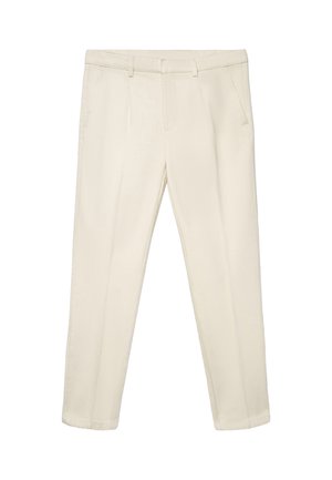 Beige maßgeschneiderte Hose mit Gürtelschlaufen, vorderen Falten, Seitentaschen und geradem Bein.