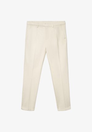 Beige maßgeschneiderte Hose mit Gürtelschlaufen, vorderen Falten, Seitentaschen und geradem Bein.