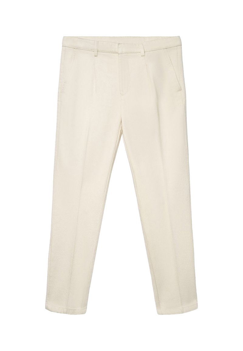 Beige maßgeschneiderte Hose mit Gürtelschlaufen, vorderen Falten, Seitentaschen und geradem Bein.