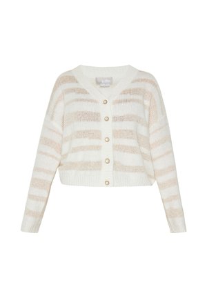 Cream and beige striped knit cardigan with a V-neck, cropped design, five button closure, and ribbed cuffs and hem.