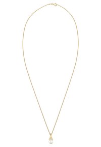 Guldkæde med en dråbeformet vedhæng med en hvid perle og en lille gemstone accent. Glat tekstur og elegant design.
