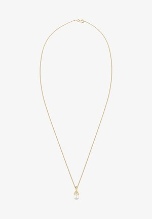 Guldkæde med en dråbeformet vedhæng med en hvid perle og en lille gemstone accent. Glat tekstur og elegant design.