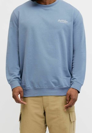 Mand iført en lyseblå sweatshirt med "Jack & Jones" logo på brystet og beige cargobukser, der står foran en ensfarvet baggrund.
