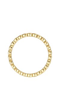 Arany gyűrű hullámos, texturált felülettel. A dizájn kis, kerek dudorokat tartalmaz, amelyek egyenletesen vannak elosztva a gyűrű kerületén, létrehozva egy diszkrét, egyedi mintázatot.