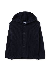 Marineblauer Strickcardigan mit Kapuze und gerippter Struktur. Verfügt über sechs Knöpfe auf der Vorderseite und lange Ärmel.