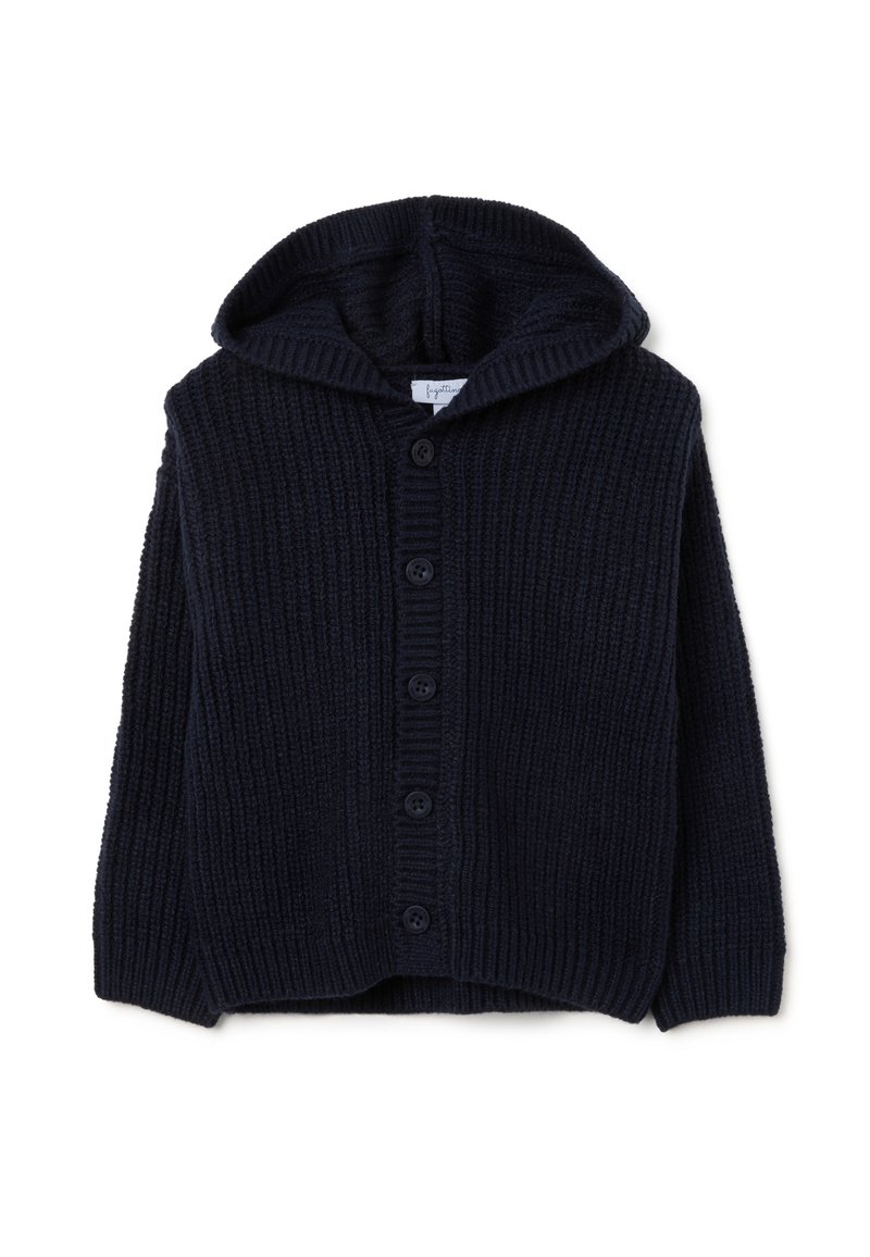Marineblauer Strickcardigan mit Kapuze und gerippter Struktur. Verfügt über sechs Knöpfe auf der Vorderseite und lange Ärmel.