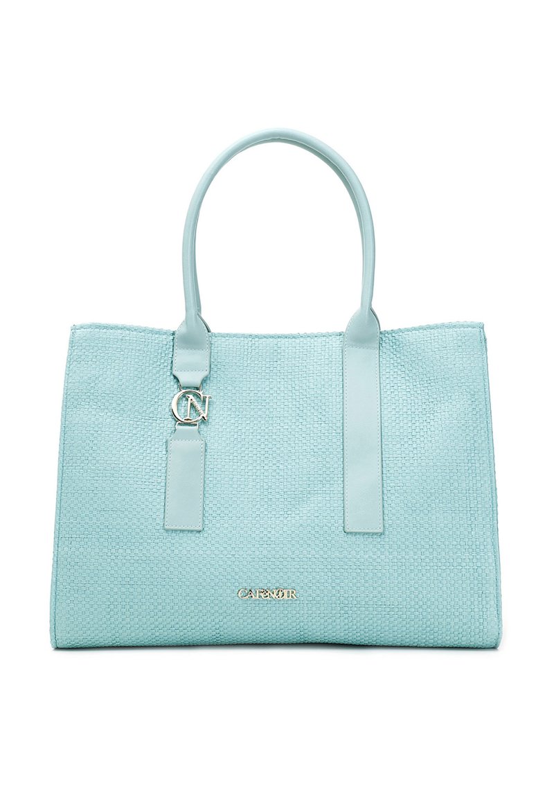 Hellblaues geflochtenes Handtasche mit glatten Ledergriffen und silbernem Zubehör. Besitzt eine Logo-Akzentuierung und eine strukturierte rechteckige Form.