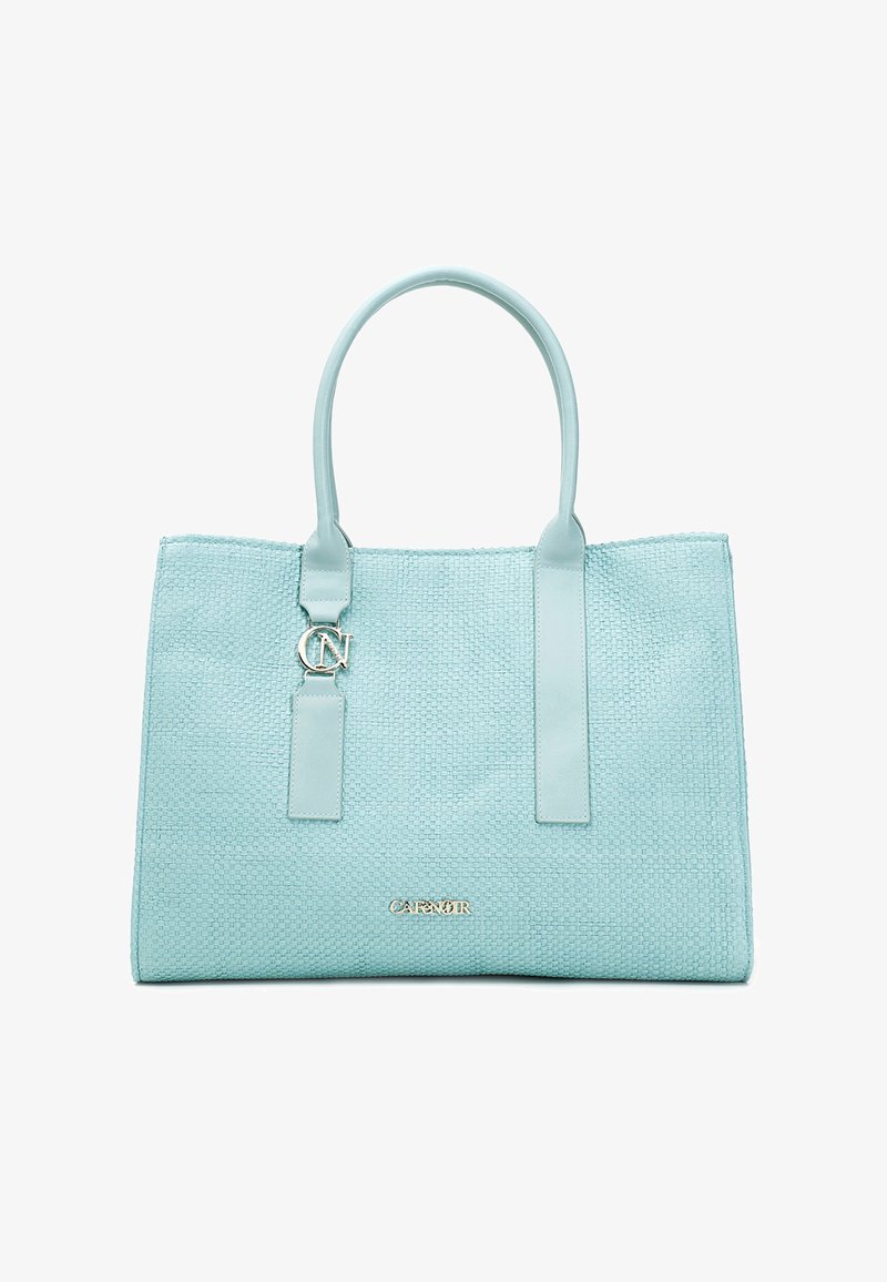 Vaaleansininen kudottu käsilaukku, jossa on sileät nahkahaat ja hopeinen varustelu. Sillä on logoprintti ja rakenteellinen suorakulmainen muoto.