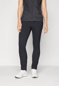 Black stretchy athletic pants with a slim fit, combined with a lightweight black zip-up jacket. Materials appear smooth and breathable.