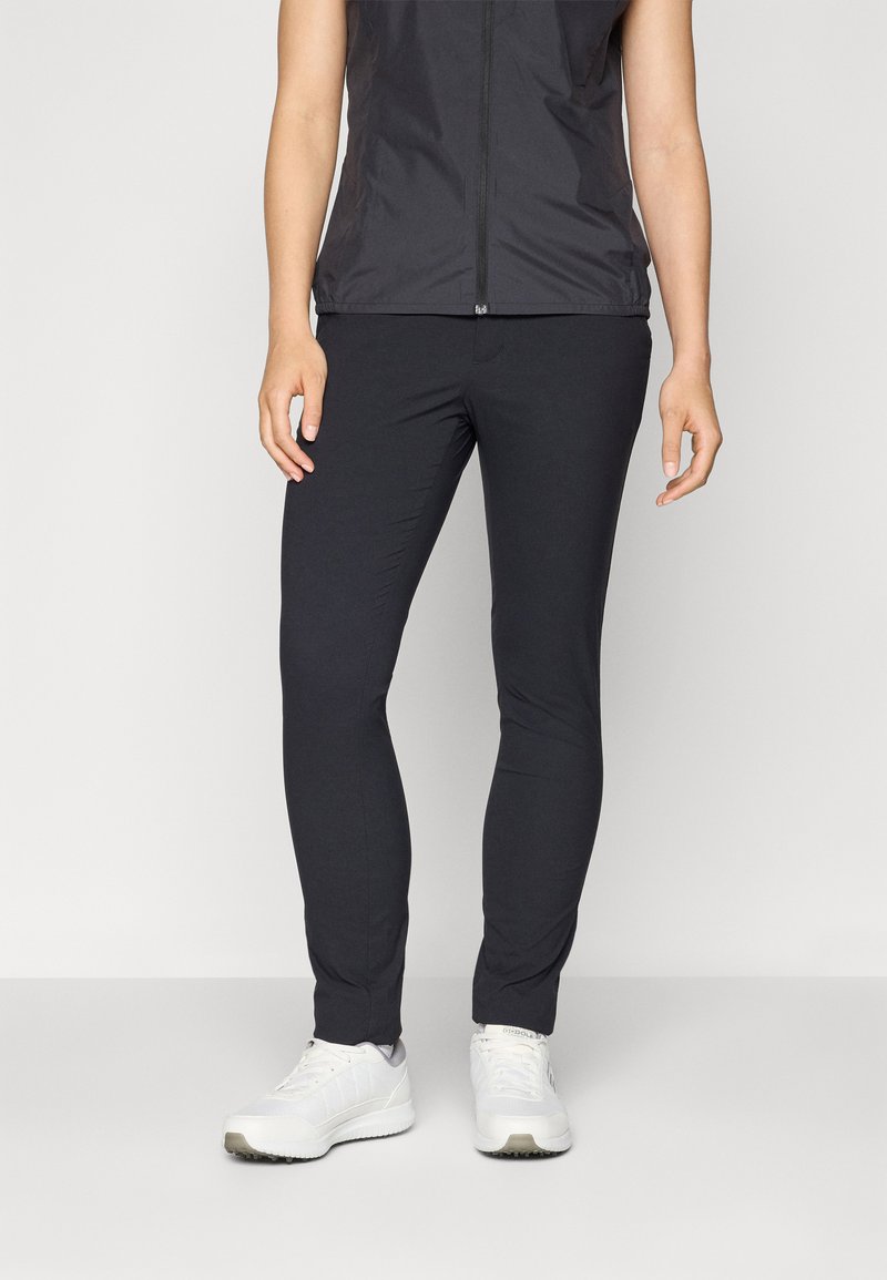 Black stretchy athletic pants with a slim fit, combined with a lightweight black zip-up jacket. Materials appear smooth and breathable.