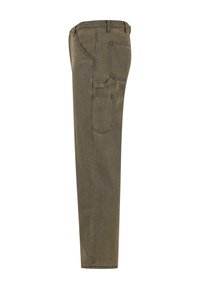Khaki cargobroek met een rechte pijp, meerdere zakken en een zachte, gestructureerde stof. Beschikt over zichtbare stiksels en lussen voor een riem.