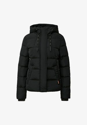 Must mustreppjope, millel on kapuuts, esiküljel tõmblukk, elastsed mansetid ja tikandi- või õmblusmuster. Sisaldab stringe ja oranži aktsenti.