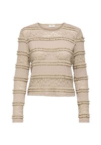 Haut en dentelle beige à manches longues avec des détails de finition en volants horizontaux et un col rond.