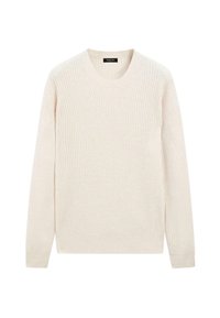Maglione a collo rotondo color crema lavorato a maglia, con maniche lunghe e polsini e orlo a coste, steso su uno sfondo bianco.