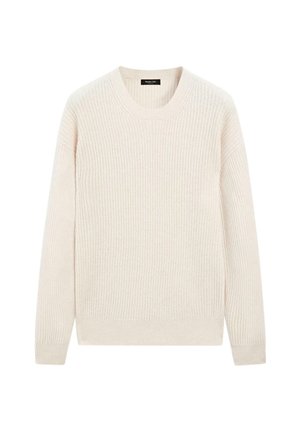 Maglione a collo rotondo color crema lavorato a maglia, con maniche lunghe e polsini e orlo a coste, steso su uno sfondo bianco.