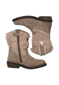 Tan suede enkellaarsjes met nepleren voering, decoratieve stiksels, een zijrits en steraccentdetails in zachtroze en metallic.