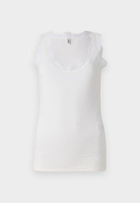 White tank top featuring ribbed texture, scalloped lace trim along the neckline, and thin straps. Slight discoloration near the bottom.
