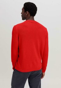 Roter Strickpullover mit geripptem Halsausschnitt und Bündchen, der eine lässige Passform bietet. Seine Textur wirkt weich und glatt und wird von dunklen Hosen ergänzt.