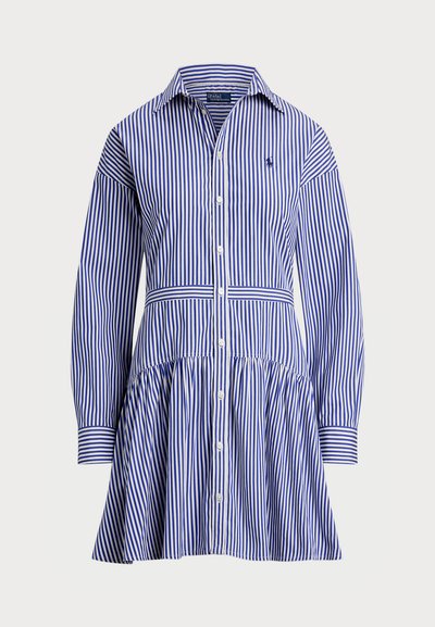 Abito a camicia a righe con maniche lunghe. Presenta righe verticali blu e bianche, un corpetto aderente e una gonna ampia con dettagli arricciati.