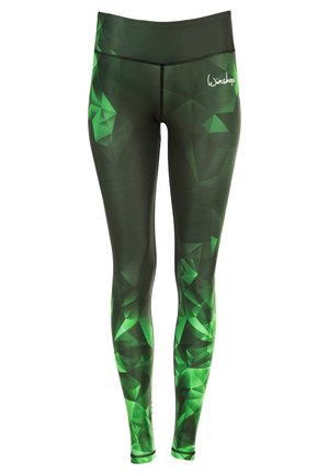 Zelene leggings sa geometrijskim uzorkom i visokim strukom. Izrađene su od rastezljivog materijala, s glađom teksturom i logotipom na kuku.