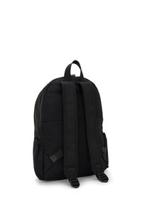 Svart tyg ryggsäck med vadderade, justerbara axelremmar, ett zip-försedd huvudfack och sidofickor. Har en rundad form och en minimalistisk design.