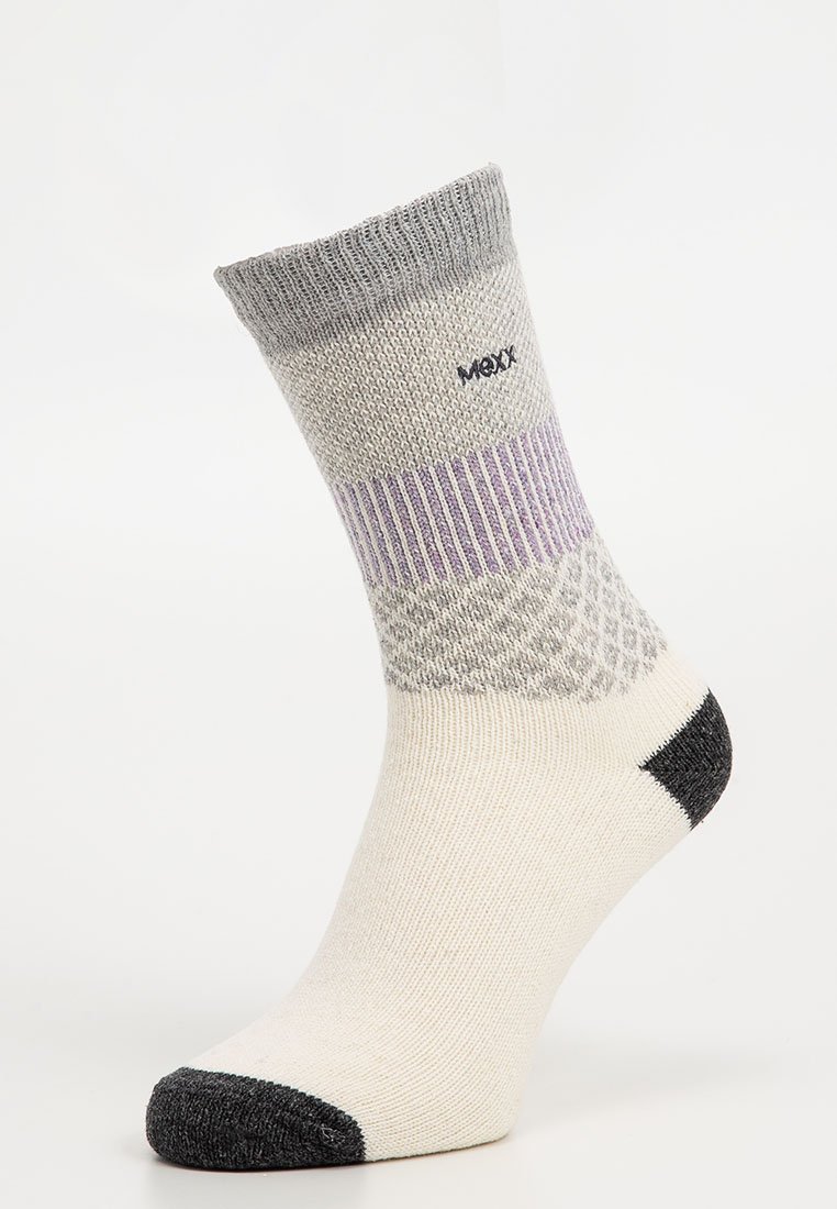 Skarpetki sięgające do kolan z szarym mankietem, fioletowymi i szarymi wzorzystymi pasami, off-white korpusem oraz czarną piętą i palcami.