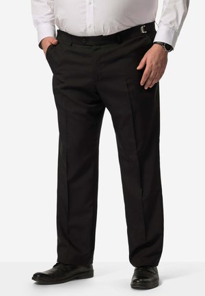Schwarze formelle Hosen mit geradem Bein, ausgestattet mit einem Knopf- und Reißverschluss, Fronttaschen und Gürtelschlaufen.