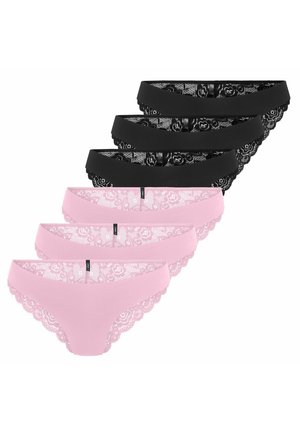 Trois culottes bikini pour femmes noires et trois roses bordées de dentelle, disposées en deux rangées superposées.