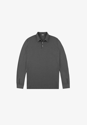 Langärmliges Poloshirt aus dunkelgrauem Stoff, mit einem gerippten Kragen, einer Knopfleiste mit drei Knöpfen und einer strukturierten Oberfläche sowie flachen Säumen an den Ärmeln.