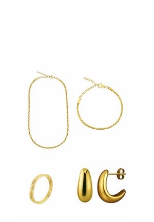 Goldschmuckset bestehend aus einer flachen Kettenhalskette, einem gedrehten Armband und drei Paar Ohrringen in verschiedenen Formen und Texturen.