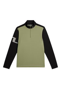 Långärmad ziptröja med kvartdragkedja i olivgrön och svart, med textilstruktur, kontrasterande ärmar och en diskret logotyp på armen.