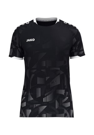 Sort kortærmet sportstrøje med abstrakte mørkegrå geometriske mønstre, hvid krave og ærmekanter samt hvidt "JAKO" logo på brystet.