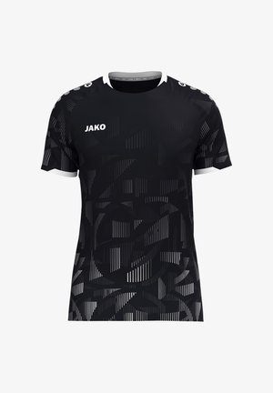 Schwarzes kurzärmeliges Sportshirt mit abstrakten dunkelgrauen geometrischen Mustern, weißem Kragen und Ärmelsäumen sowie weißem "JAKO"-Logo auf der Brust.