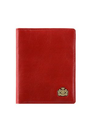 Red leather document holder with a smooth texture, featuring a gold logo accent on the bottom right corner and stitched edges.