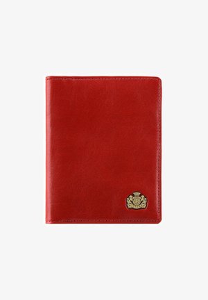 Red leather document holder with a smooth texture, featuring a gold logo accent on the bottom right corner and stitched edges.