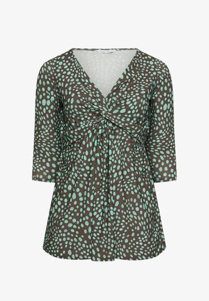 Brązowa bluzka z turkusowymi owalnymi plamkami, dekolt w serek, marszczony skręcany przód oraz rękawy do połowy przedramienia, luźny krój poniżej biustu.