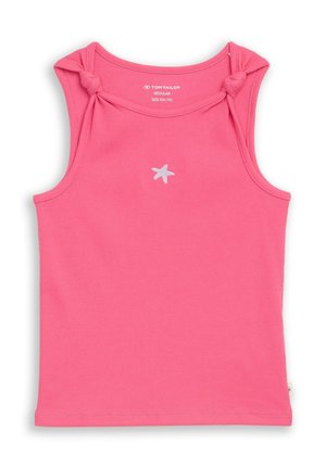 Pink sleeveless ribbed tank top with knotted shoulder straps and small white star embroidered center front, size 104/110 by Tom Tailor.