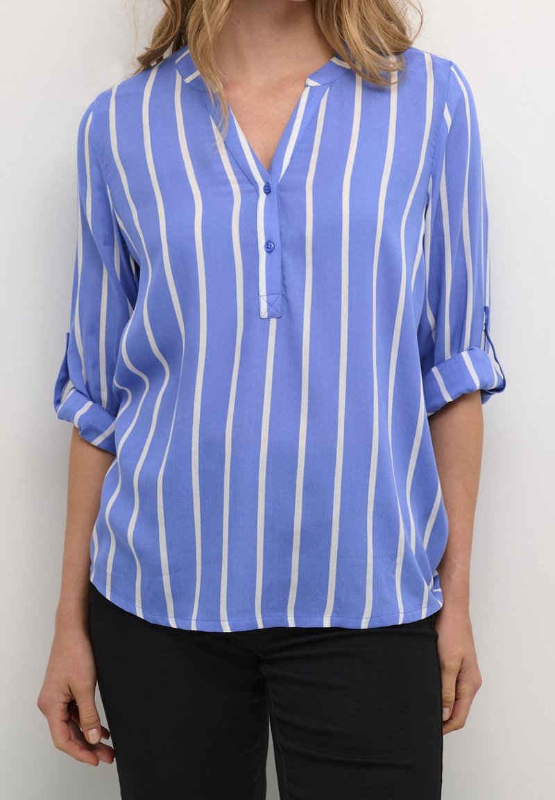 Blouse rayée bleue et blanche avec un col en V, des manches courtes à revers, et une fermeture par boutons sur le devant, fabriquée en tissu léger.