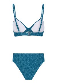 Teal bikiniset met een driehoekige bralette met dunne bandjes en een gebloemd broekje. De stof heeft een subtiel wit patroon.