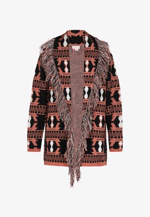 Pletený kardigán s geometrickým vzorom v koralovej, čiernej a bielej farbe. Má strapcový lem a otvorený predný dizajn. Jemná textúra.