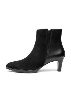 Black mid-heel ankle boot with pointed toe, side zipper, suede front, and smooth leather back on a white background.