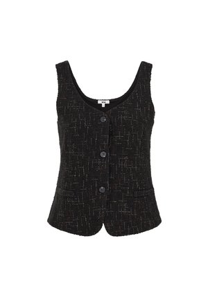 Gilet sans manches noir en tissu texturé avec un motif subtil, présentant un col rond, des boutons à l'avant et deux poches.