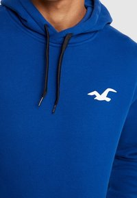 Blue hoodie with a smooth texture, features a black drawstring, and a white bird logo on the left chest area.