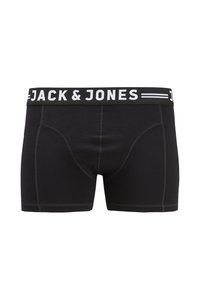 Boxer shorts en coton noir avec une taille élastique blanche portant l'inscription "JACK & JONES." Dotés de coutures contrastées et d'un design ajusté.