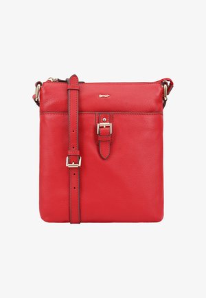 Rote Leder-Umhängetasche mit einer glatten Textur, flachem Design, verstellbarem Riemen und silbernem Schnallendetail auf der Vorderseite.