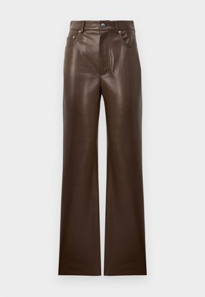 Brown leather flared pants with a smooth texture, five-pocket design, front zipper, and metal button closure, featuring a high waist.