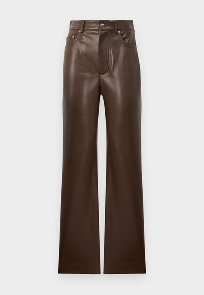 Brown leather flared pants with a smooth texture, five-pocket design, front zipper, and metal button closure, featuring a high waist.